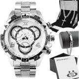 Relogio Masculino Aço Prata + Caixa + Pulseira + Corrente