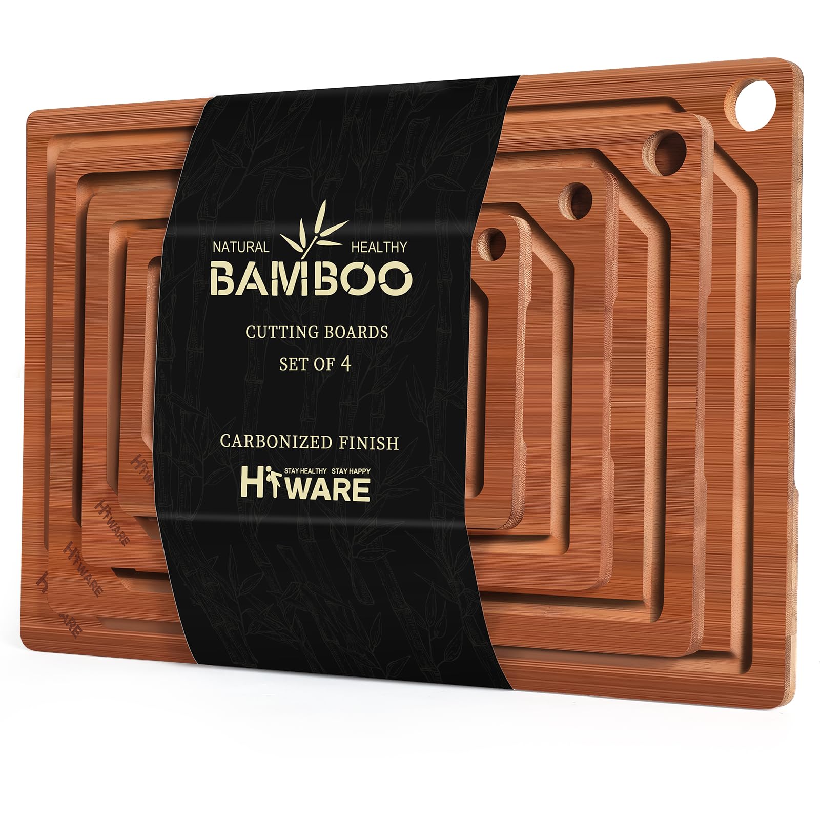 Conjunto De Tábuas De Corte Hiware Bamboo Com Juice Groove 4 Peças