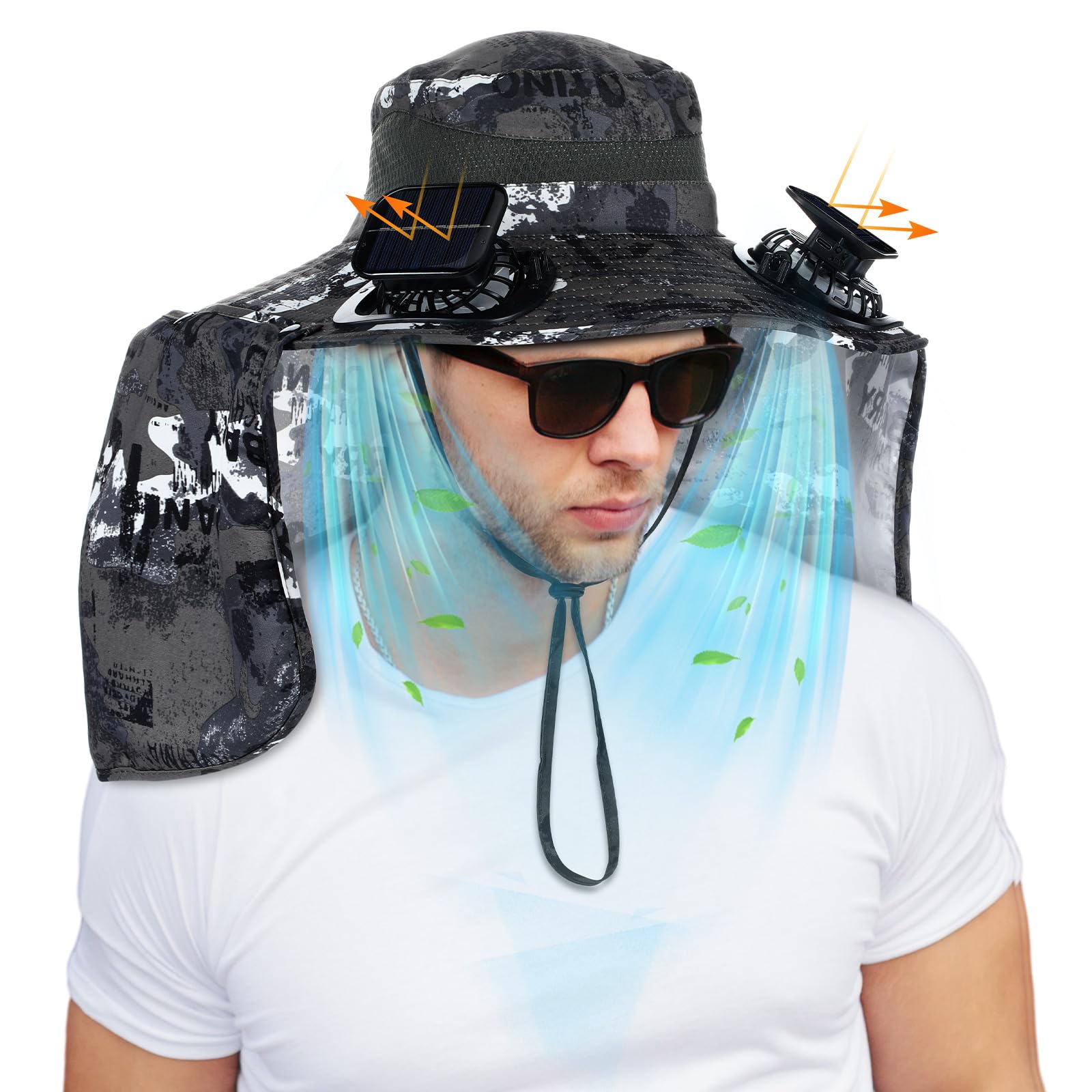 Sun Hat Chuarry Wide Brim Com 2 Ventiladores E Carregamento Usb Alimentado Por Energia Solar