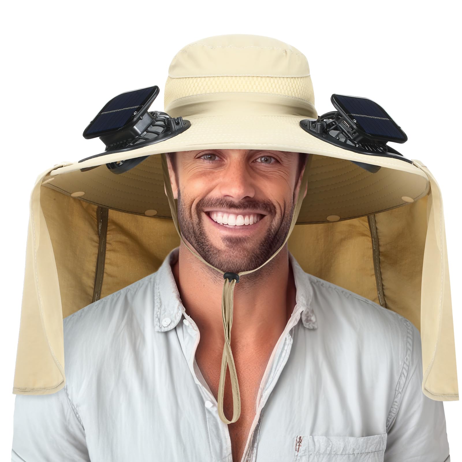 Sun Hat Chuarry Wide Brim Com 2 Ventiladores E Carregamento Usb Alimentado Por Energia Solar