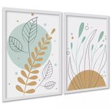 Kit 2 Quadros Boho Plantas Tons Pastéis Verde 45x34cm Vidro