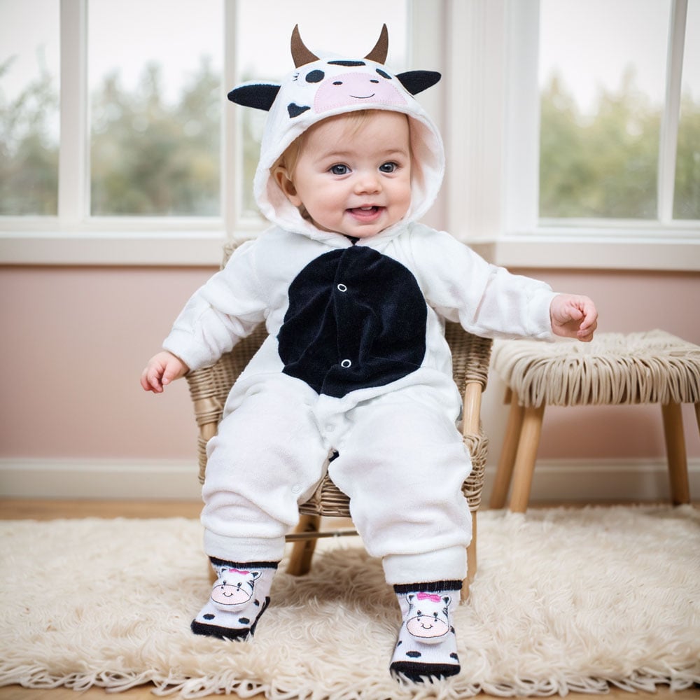 Conjunto Macacão Vaquinha Com Capuz E Pantufa 3d Interativa