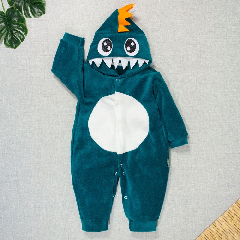 Macacão Para Bebê Em Plush Com Capuz Bordado Dino Verde Esmeralda