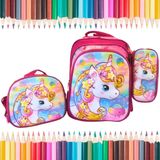 Lancheira Mochila E Estojo Unicórnio Rosa Glitter Compacto E