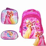 Lancheira Mochila E Estojo Rosa Brilhante Tema Princesa