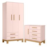 Roupeiro Com 3 Portas E Cômoda Mlata Rosa Acetinado