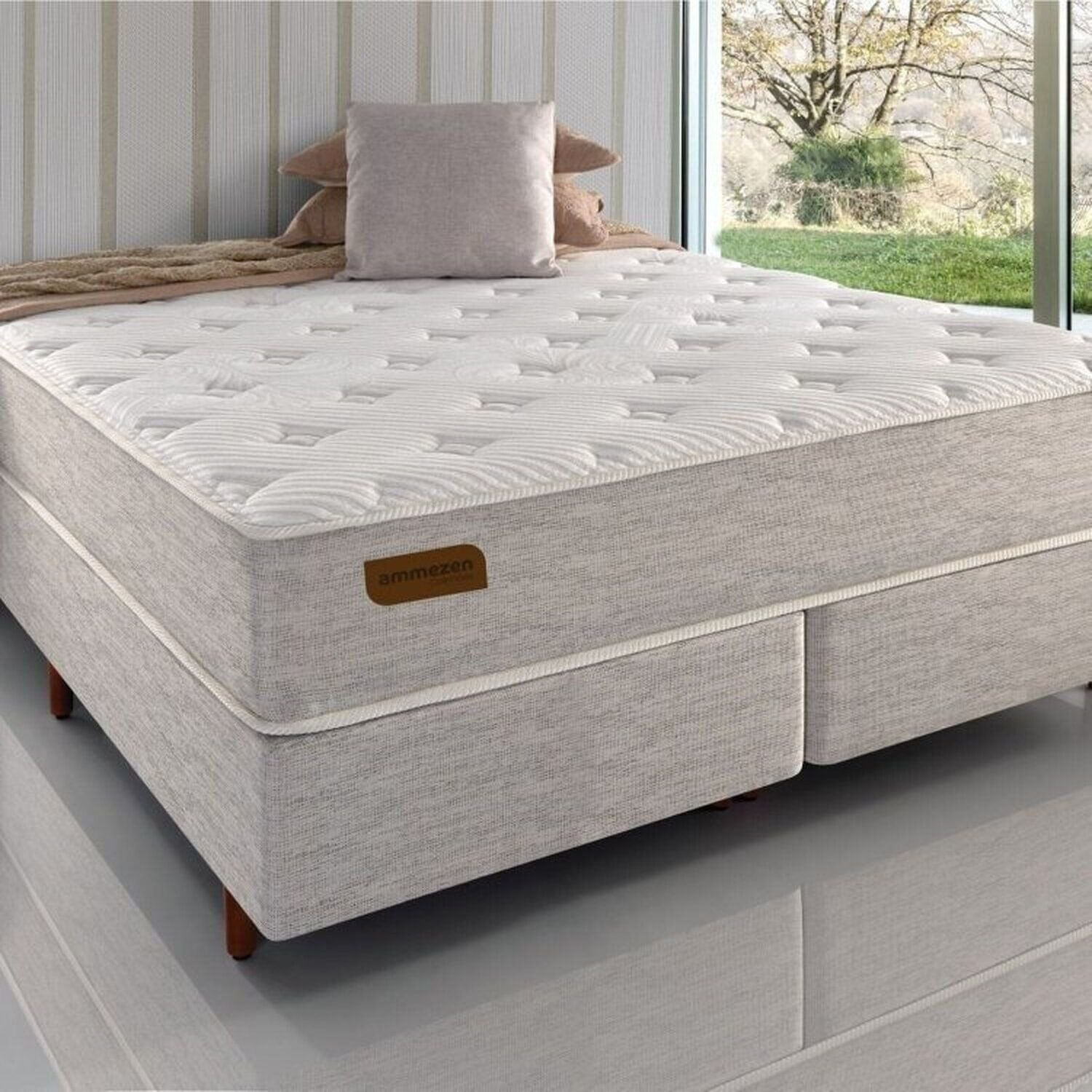 Conjunto Queen Com Colchão E Cama Box Ammezen Macio 158cm X 198cm X 67cm Bege
