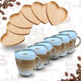 6 Canecas Vidro Coração 240ml 6 Pires Bambu Coração 12,5cm