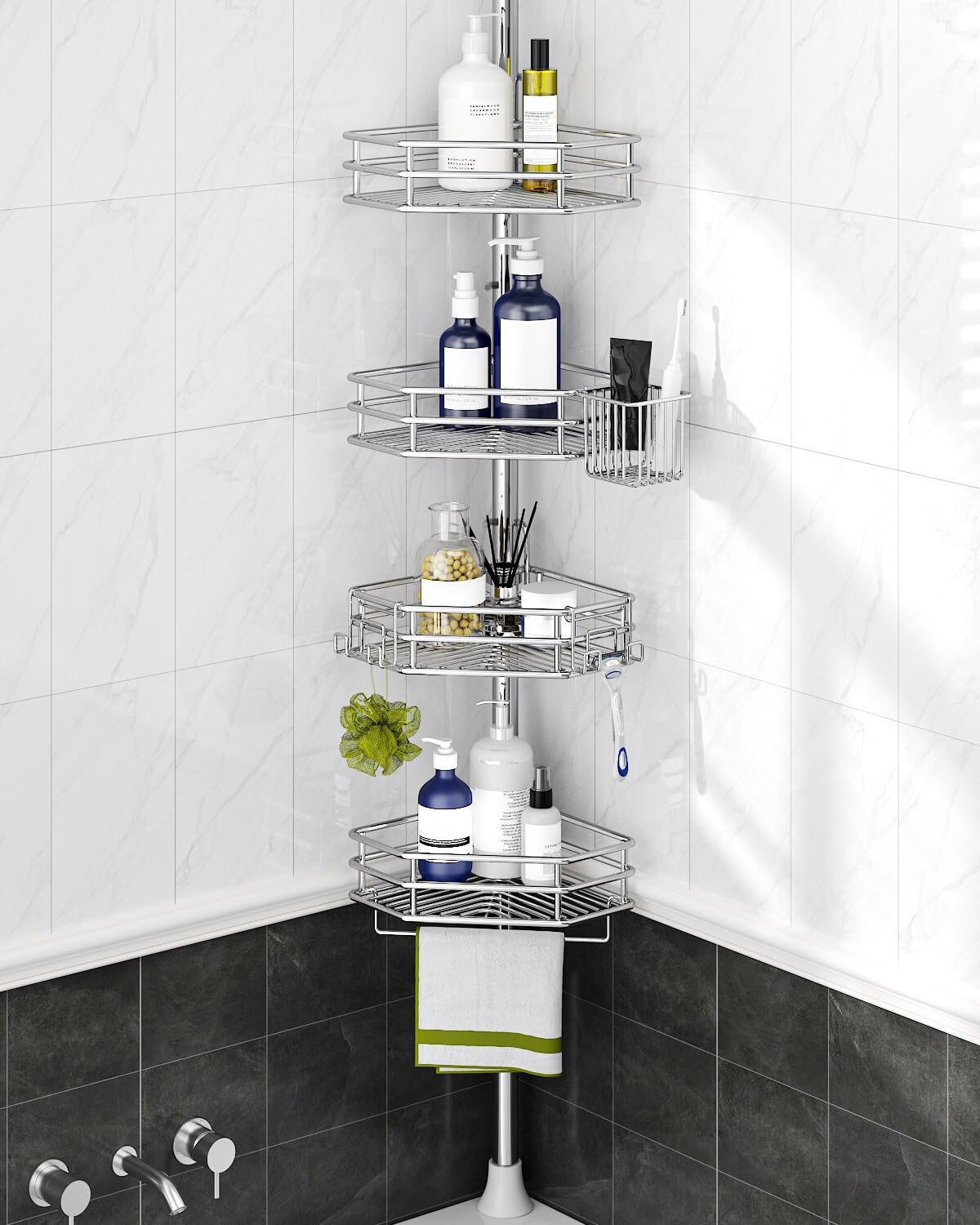 Shower Caddy Seirione Corner Tension Pole 4 Camadas Prateado