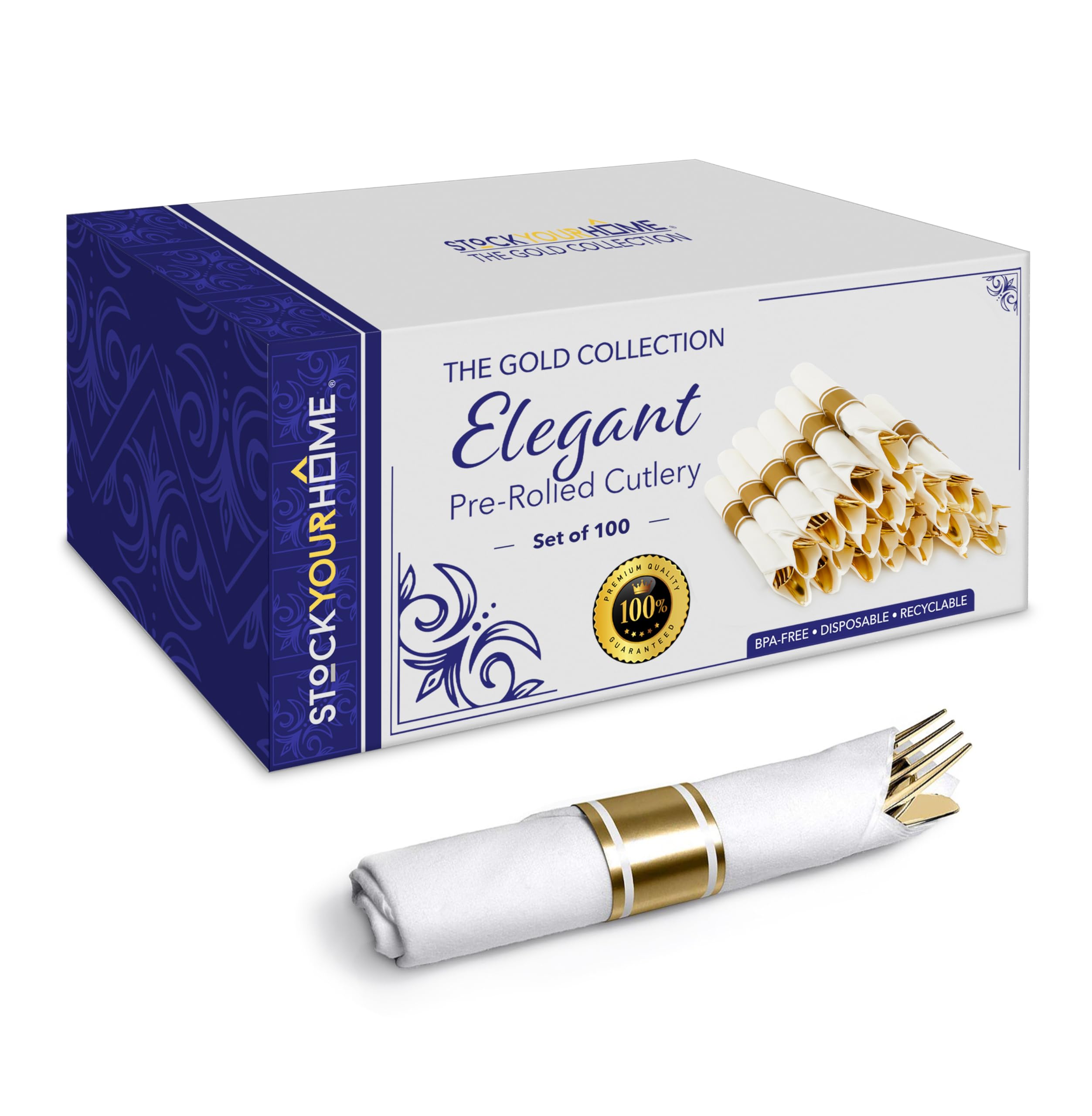 Conjunto De Talheres Stock Your Home, Pacote Com 100 Unidades De Plástico Dourado E Guardanapos