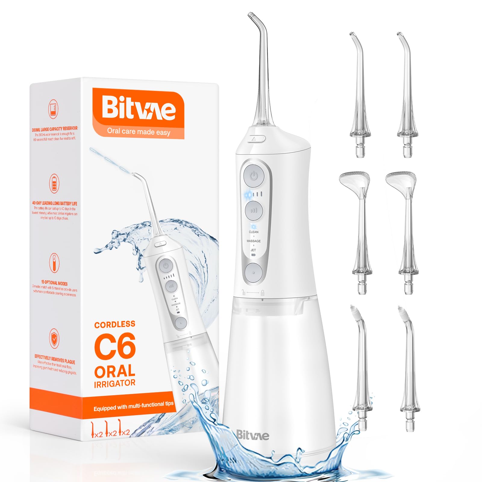 Water Dental Flosser Bitvae Cordless 300ml 3 Modos 5 Intensidades