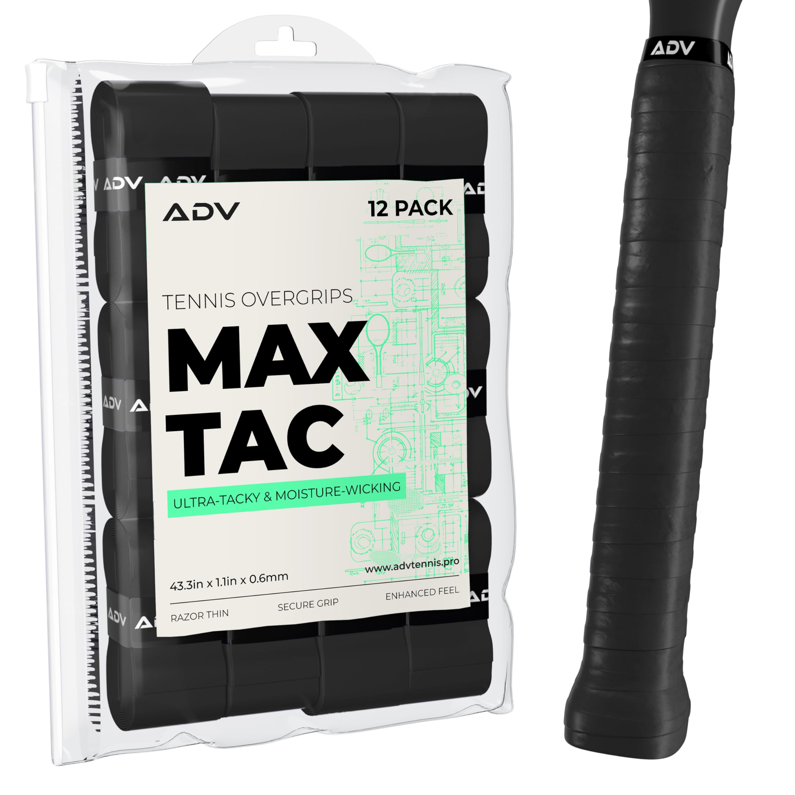 Tennis Overgrip Adv Maxtac Tacky, Pacote Com 12 Unidades, Preto
