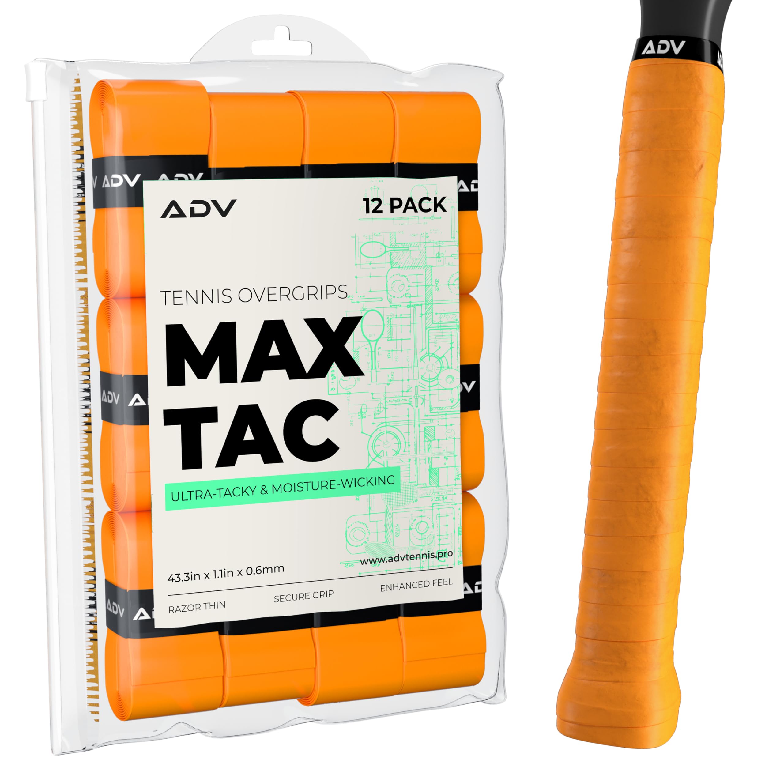 Tennis Overgrip Adv Maxtac Tacky, Pacote Com 12 Unidades, Laranja
