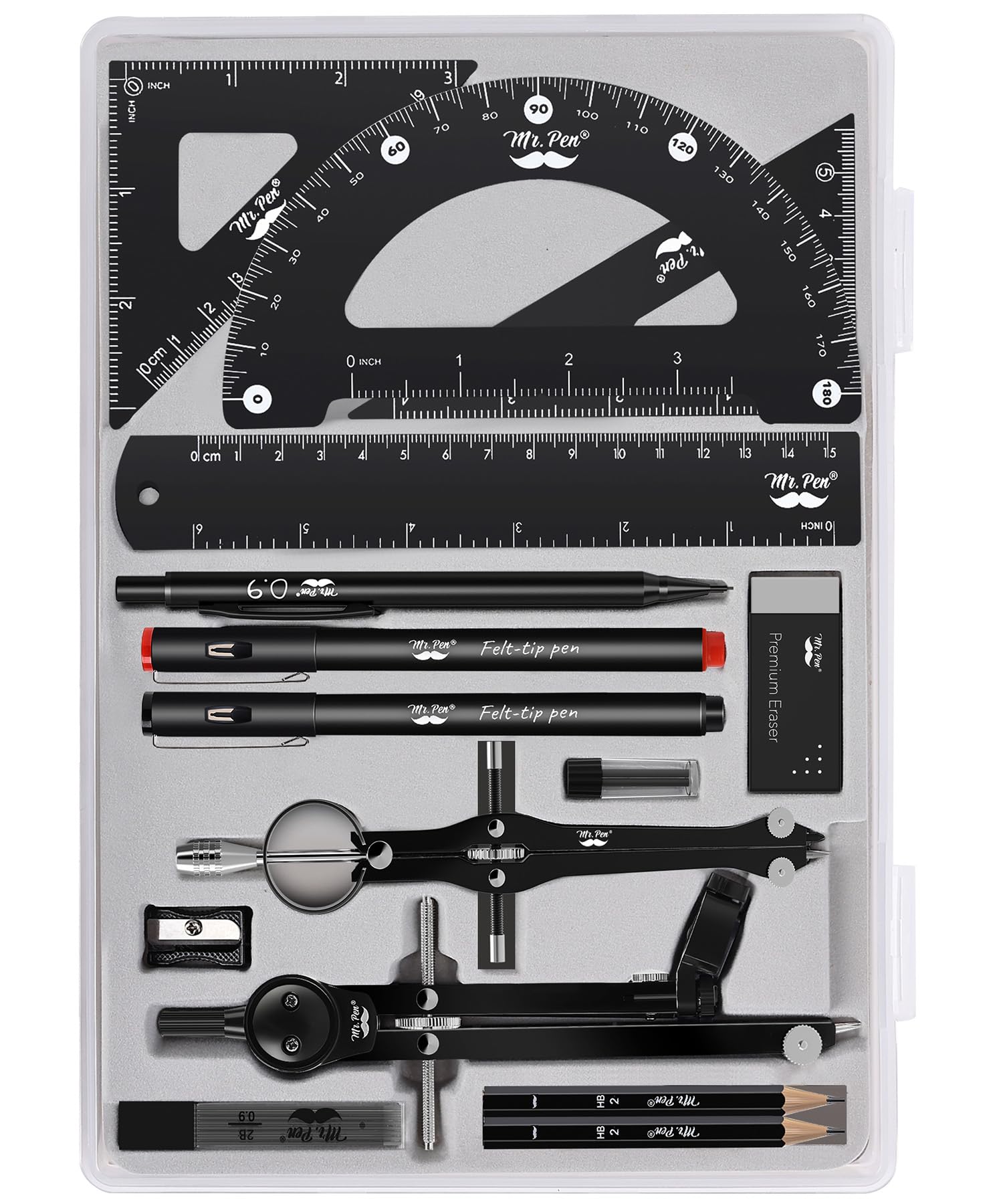 Conjunto De Geometria Mr. Pen Professional, 15 Unidades Com Estojo Para Artistas