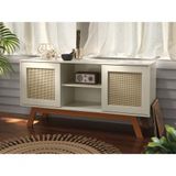 Rack Buffet Com Duas Porta De Correr Rattan Pés Em Madeira Off White - Ofertamo