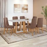 Conjunto Sala De Jantar Mesa Easy Pop 170x90cm Tampo Vidro/mdf Com 6 Cadeiras Seat Couro Avelã Amendoa Off White
