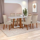 Conjunto Sala De Jantar Mesa Easy Pop 170x90cm Tampo Vidro/mdf Com 6 Cadeiras Confort Veludo Naturale Creme Frassino Off White