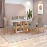 Conjunto Sala De Jantar Mesa Easy Pop 170x90cm Tampo Vidro/mdf Com 6 Cadeiras Confort Suede Bege Amendoa/off White