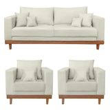 Kit 2 Poltronas Living + Sofá 3 Lugares Base Madeira Suede Bege
