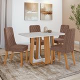 Conjunto Sala De Jantar Mesa Easy Pop 120x80cm Tampo Vidro/mdf Com 4 Cadeiras Seat Couro Morano Avelã Amendoa Off White