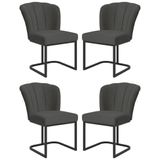 Kit 4 Cadeira Poltrona Flor Pés Metal Preto Mesa Jantar Cozinha Cinza