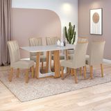 Conjunto Sala De Jantar Mesa Easy Pop 170x90cm Tampo Vidro/mdf Com 6 Cadeiras Confort Veludo Creme Amendoa/off White