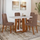 Conjunto Sala De Jantar Mesa Easy Pop 120x80cm Tampo Vidro/mdf Com 4 Cadeiras Seat Couro Morano Avelã Frassino/off White