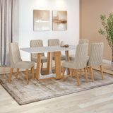 Conjunto Sala De Jantar Mesa Easy Pop 170x90cm Tampo Vidro/mdf Com 6 Cadeiras Seat Linho Rinzai Bege Amendoa/off White