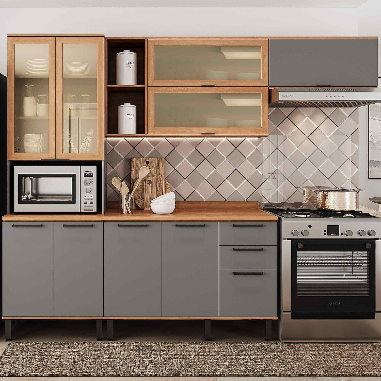 Cozinha Completa 4 Peças 217cm X 270cm Castanha Cinza / Freijó