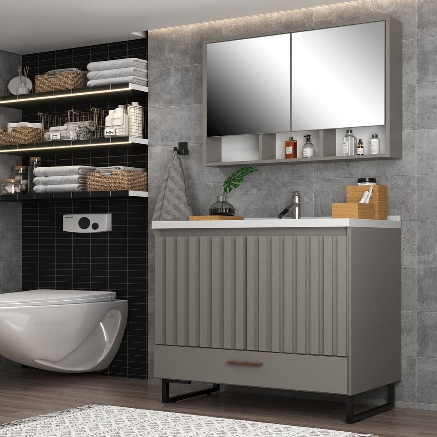 Conjunto Para Banheiro Com Espelheira Nevada Cimento