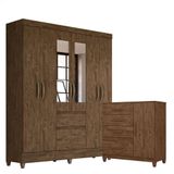 Guarda Roupa Casal New Cuba Com Espelho E Cômoda Venus Com Pés Castanho Wood Flex- Moval
