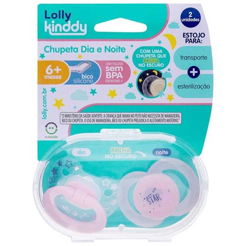 Kit 2 Chupetas Silicone Dia E Noite 6m Rosa Lolly Kinddy