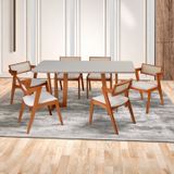 Conjunto Mesa Grécia Com 6 Cadeiras De Madeira Maciça, Rattan 100% Natural E Estofada Verona Champagnhe/off White
