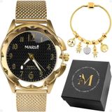 Relogio Feminino Aço Inox Banhado Dourado + Caixa + Pulseira