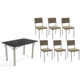 Conjunto: Mesa De Cozinha Elba Tampo Madeirado C/ Vidro 120cm E 6 Cadeiras Zaria Niquel/preto - Suede Bege - Kappesberg