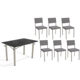 Conjunto: Mesa De Cozinha Elba Tampo Madeirado C/ Vidro 120cm E 6 Cadeiras Zaria Niquel/preto - Suede Cinza - Kappesberg