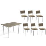 Conjunto: Mesa De Cozinha Elba Tampo Madeirado C/ Vidro 120cm E 6 Cadeiras Zaria Cromada/freijo Bronze - Suede Bege - Kappesberg