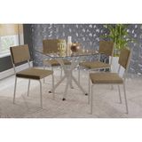 Conjunto: Mesa Sala Jantar Volga C/ Tampo De Vidro 90cm E 4 Cadeiras Zaria Niquel - Suede Bege - Kappesberg