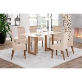 Conjunto: Mesa De Cozinha Yara C/ Tampo Madeirado C/ Vidro Reto 160x90cm E 6 Cadeiras Nina Nature/suede Light Linho - Henn