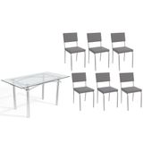Conjunto: Mesa De Cozinha Elba C/ Tampo De Vidro 150cm E 6 Cadeiras Zaria Cromada - Suede Cinza - Kappesberg