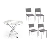 Conjunto: Mesa Sala Jantar Volga C/ Tampo De Vidro 95cm E 4 Cadeiras Zaria Cromada - Suede Cinza - Kappesberg