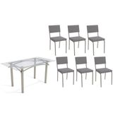 Conjunto: Mesa De Cozinha Elba C/ Tampo De Vidro 150cm E 6 Cadeiras Zaria Niquel - Suede Cinza - Kappesberg
