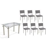 Conjunto: Mesa De Cozinha Elba C/ Tampo De Vidro 120cm E 6 Cadeiras Zaria Niquel - Suede Cinza - Kappesberg