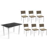 Conjunto: Mesa De Cozinha Elba Tampo Madeirado C/ Vidro 120cm E 6 Cadeiras Zaria Cromada/preto - Suede Bege - Kappesberg