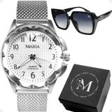 Relogio Aço Prova Dagua Prata Feminino + Oculos Sol + Caixa