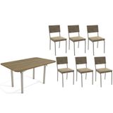 Conjunto: Mesa De Cozinha Elba C/ Tampo De Madeira 160cm E 6 Cadeiras Zaria Niquel/nogueira - Suede Bege - Kappesberg
