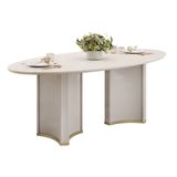 Mesa Multiuso Cozinha Liz C/ Tampo Madeirado C/ Vidro Oval 218x108cm Off White/off White - Dj Móveis