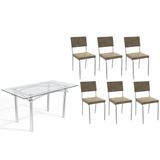 Conjunto: Mesa De Cozinha Elba C/ Tampo De Vidro 150cm E 6 Cadeiras Zaria Cromada - Suede Bege - Kappesberg
