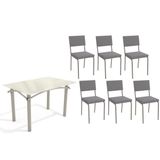 Conjunto: Mesa De Cozinha Elba Tampo Madeirado C/ Vidro 120cm E 6 Cadeiras Zaria Niquel/off White - Suede Cinza - Kappesberg