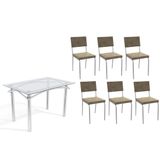 Conjunto: Mesa De Cozinha Elba C/ Tampo De Vidro 120cm E 6 Cadeiras Zaria Cromada - Suede Bege - Kappesberg